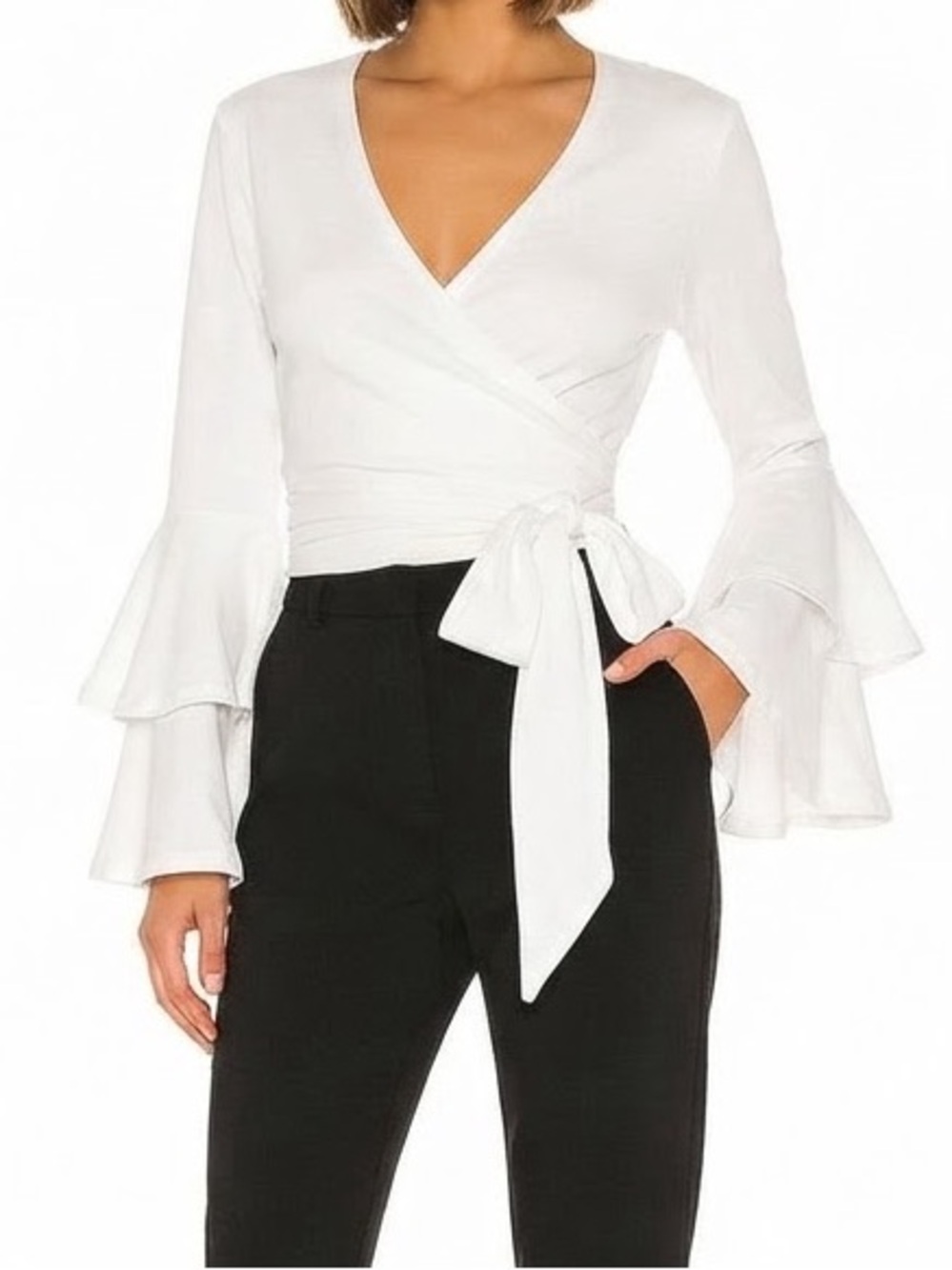 Vintage 90’s White Wrap Top with Tiered Bell Sleeves Size Small